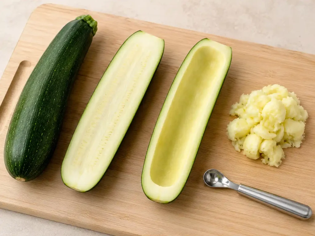 Medium zucchini halved and hollowed with quarter-inch walls for stuffed zucchini boats.