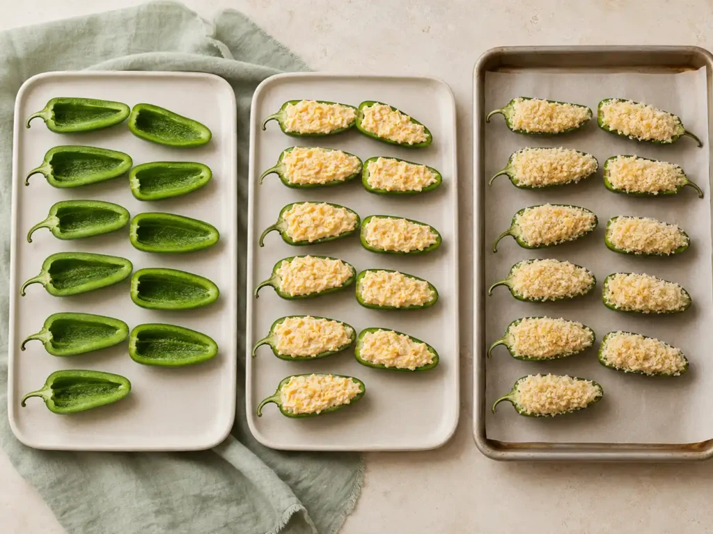 Three preparation stages showing cleaned jalapeño halves, cheese-filled peppers, and poppers topped with panko before baking.