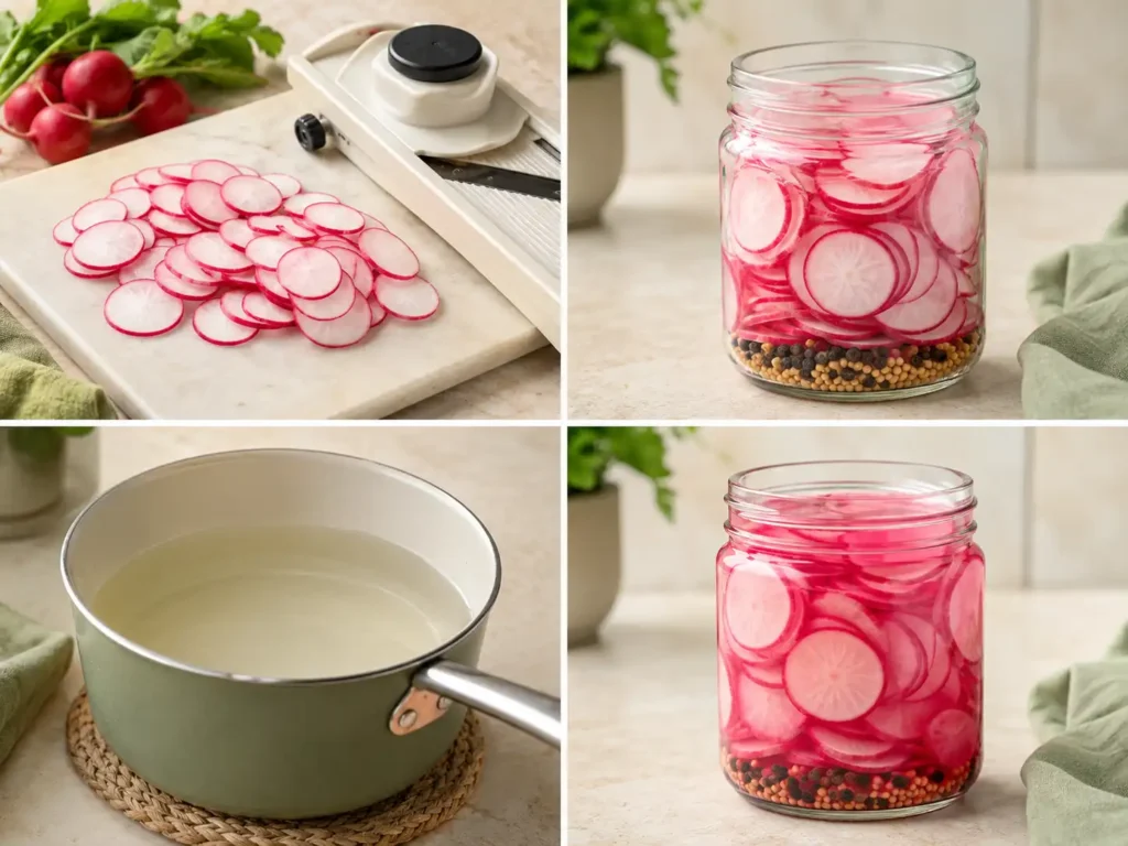 Four-step process showing sliced radishes, packed jar, prepared brine, and finished refrigerator pickles