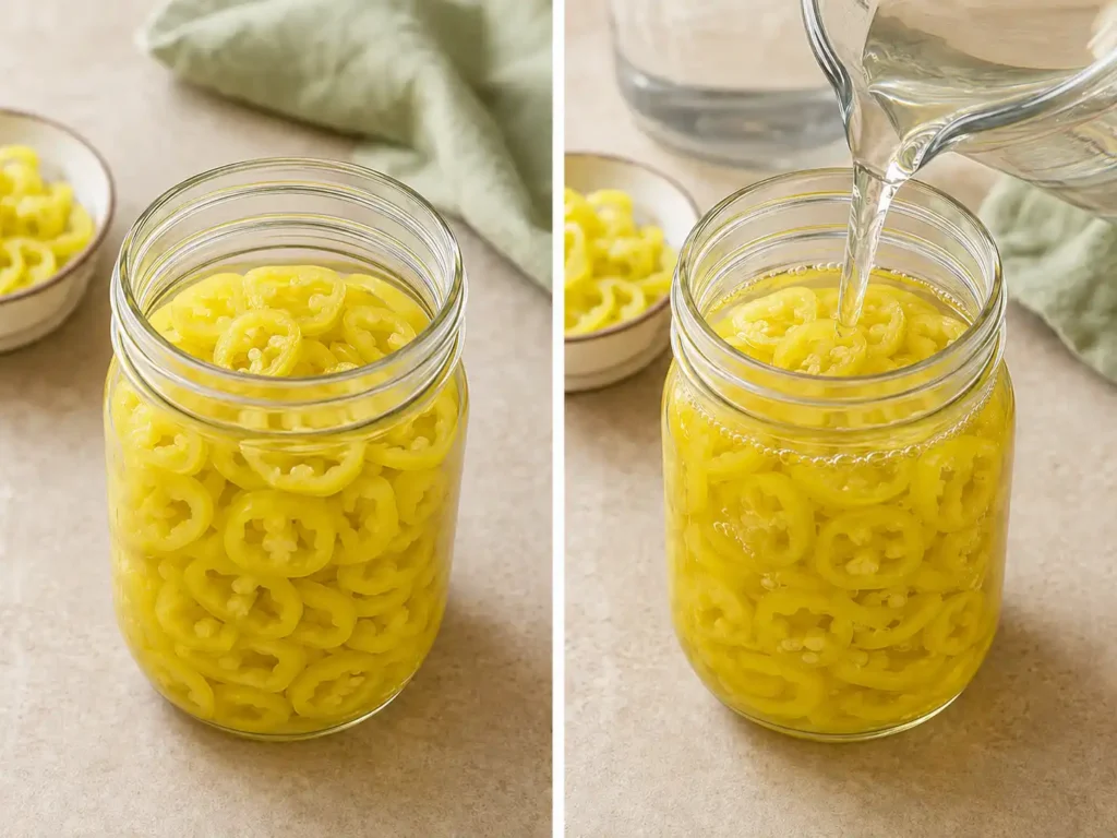 Banana pepper rings packed into jars while clear hot vinegar brine is poured over them