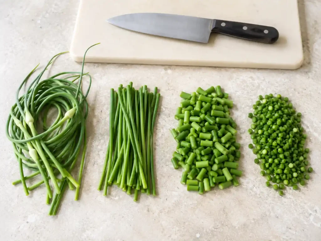 Whole, trimmed, sliced, and chopped garlic scapes arranged in preparation stages.