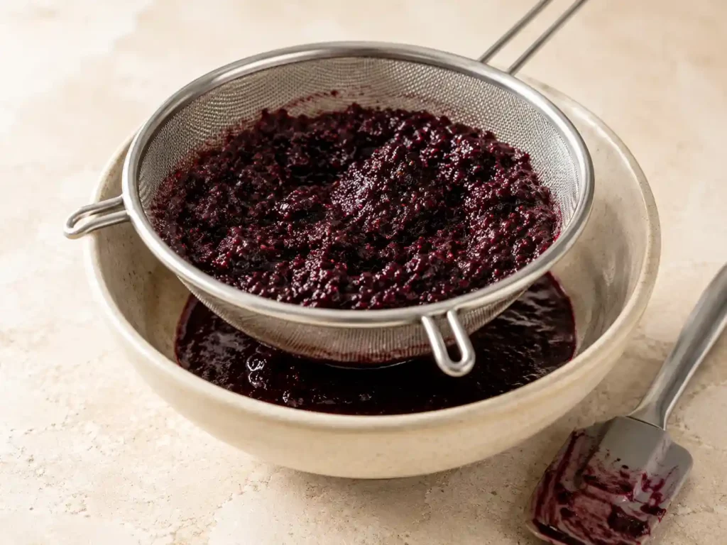 Crushed blackberries being pressed through a fine-mesh sieve into a cream bowl for smoother blackberry jam.