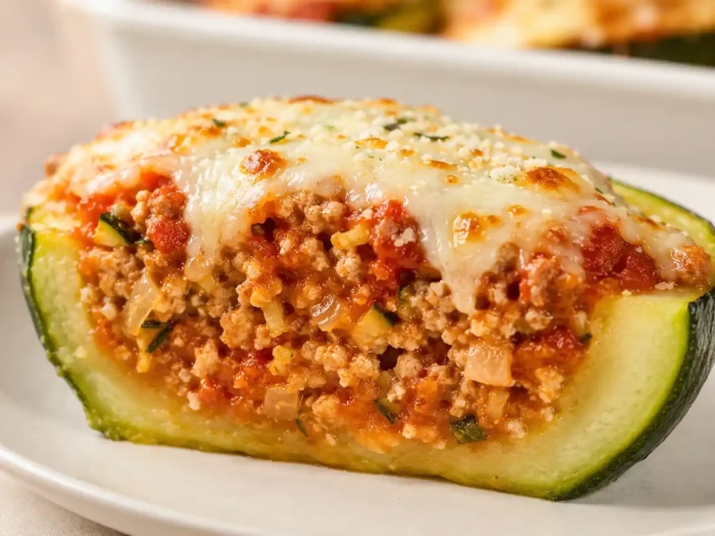 Close-up of a baked zucchini boat with thick turkey marinara filling and melted cheese.