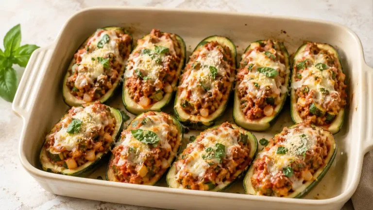 Italian turkey zucchini boats with marinara, mozzarella, and Parmesan in a baking dish.