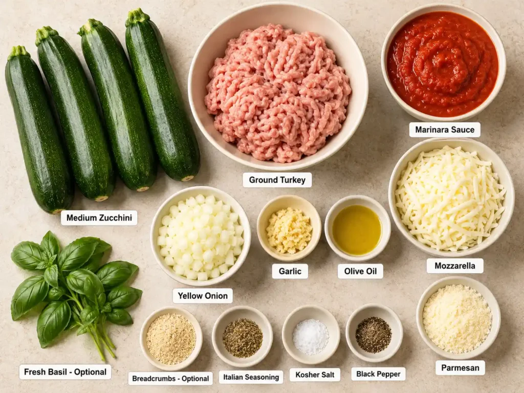 Labeled ingredients for Italian turkey zucchini boats, including zucchini, ground turkey, marinara, mozzarella, and Parmesan.