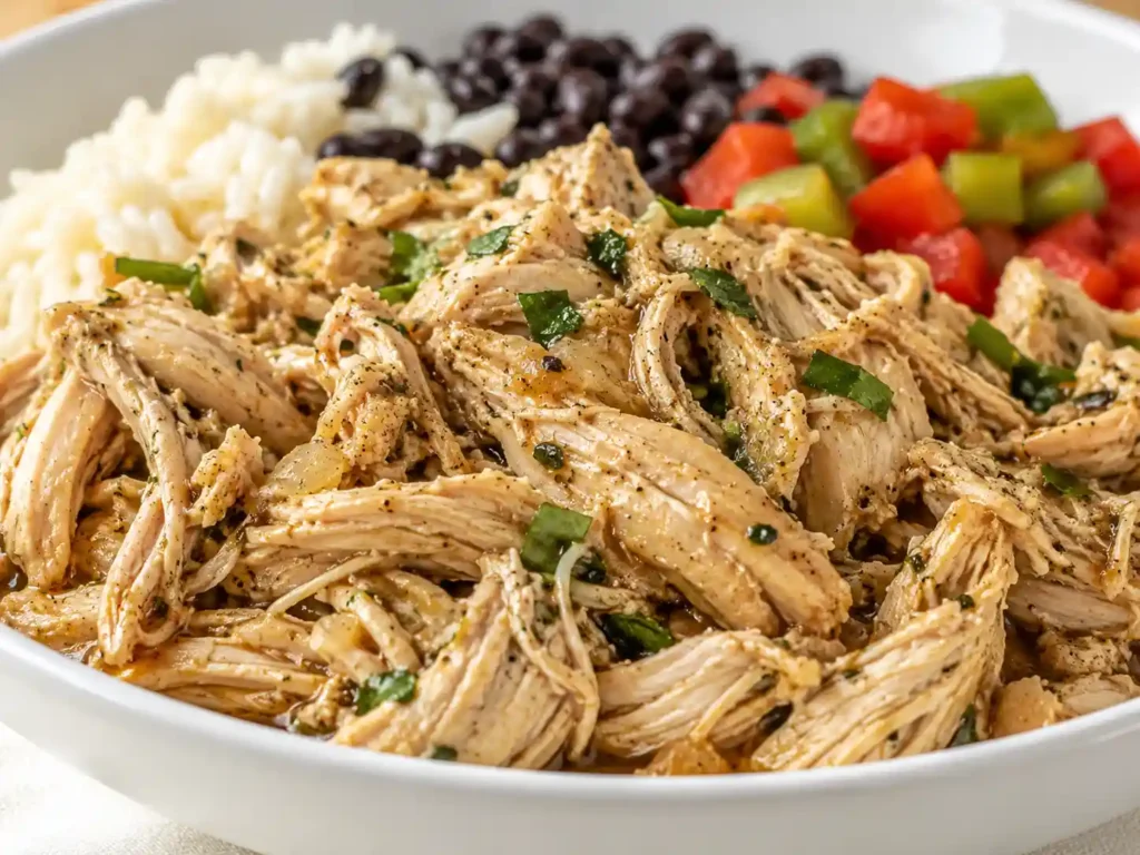 Close up of juicy shredded crockpot chicken with sauce herbs rice beans and vegetables