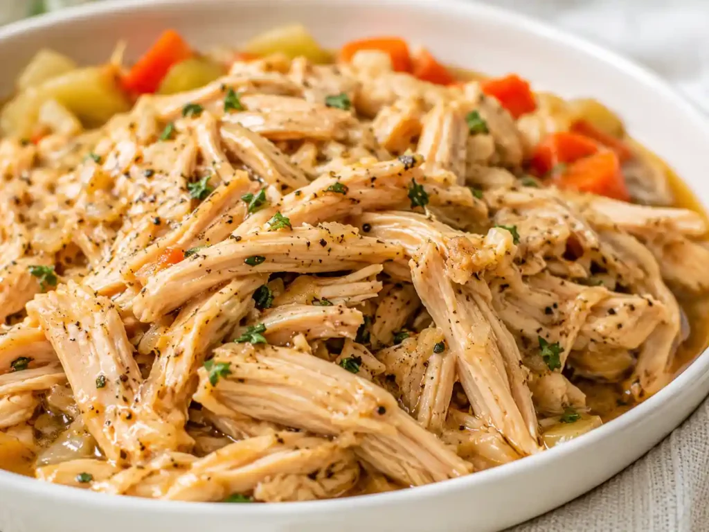Close up of juicy shredded crockpot chicken with light sauce herbs and vegetables