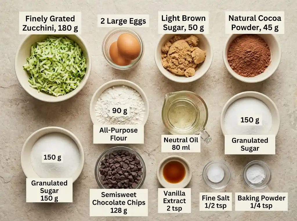 Labeled ingredients for zucchini brownies including grated zucchini, cocoa powder, flour, eggs, sugars, oil, vanilla, salt, baking powder, and chocolate chips