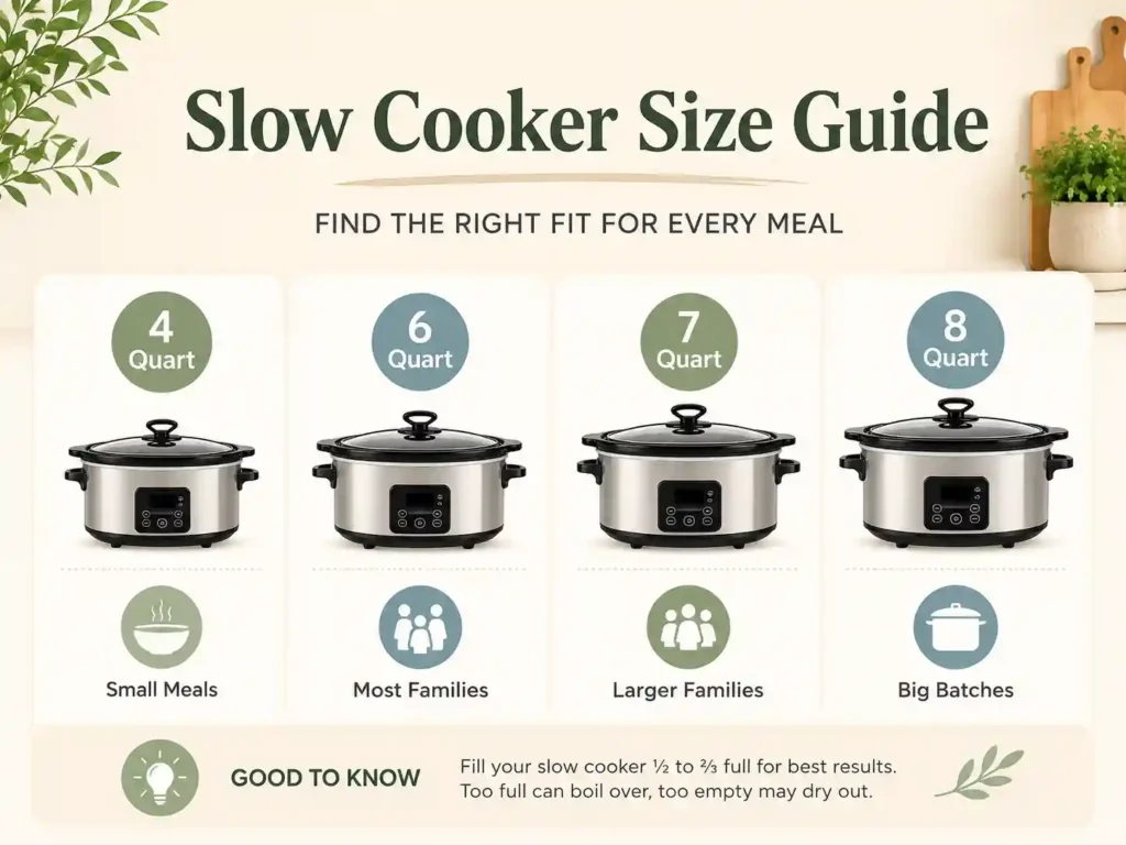 Slow cooker size guide showing 4 quart, 6 quart, 7 quart, and 8 quart options for family meals