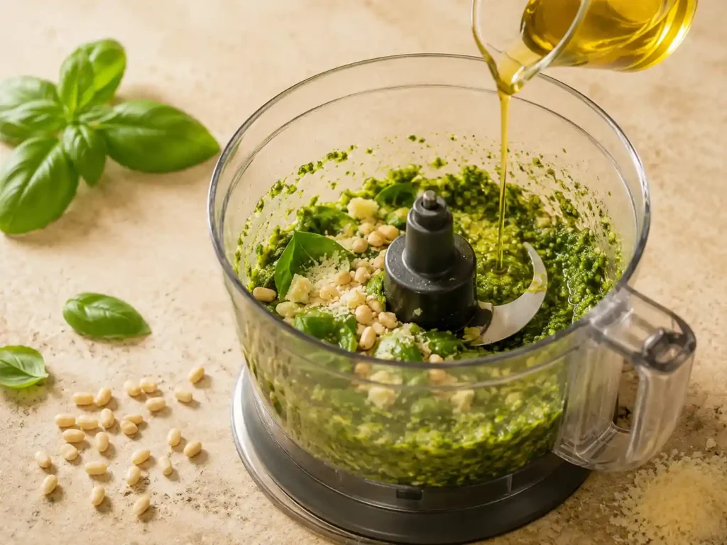 Fresh basil pesto being blended in a food processor with olive oil added gradually.