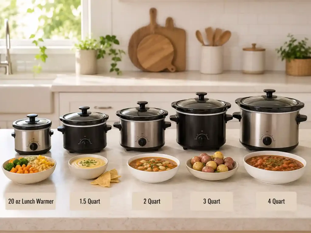 Mini Crock Pot size guide with generic small cookers for lunch warming, dips, small meals, leftovers, and compact dinners.