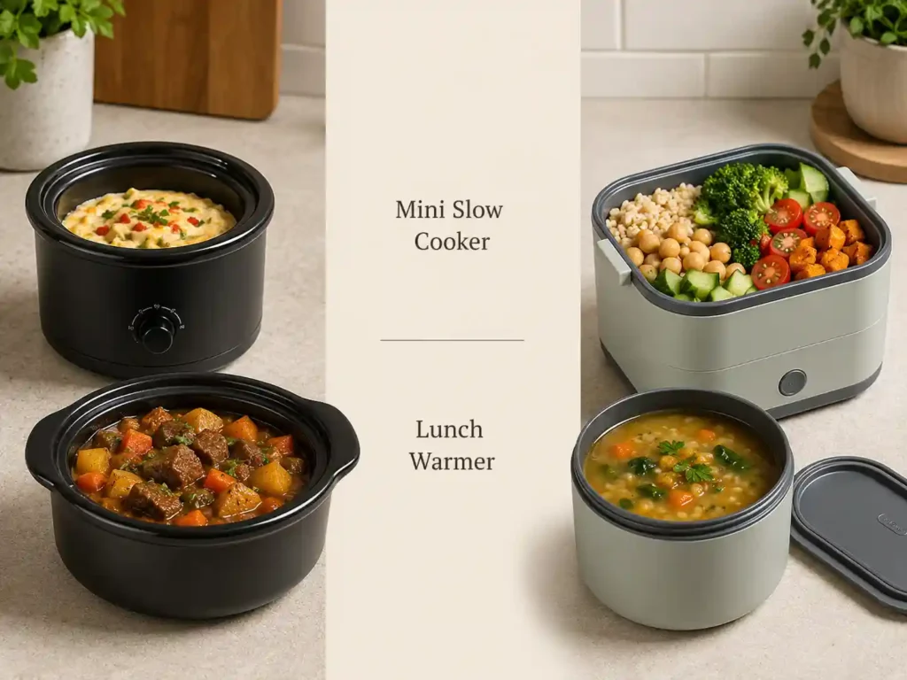 Mini Crock Pot versus lunch warmer comparison with a small slow cooker, personal food warmer, soup, lunch bowl, and dip.