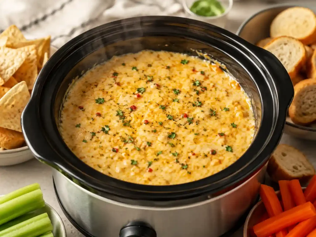 Close-up of a warm creamy dip in a mini Crock Pot with melted cheese-style texture, herbs, bread, and vegetables.