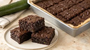 Chocolate zucchini brownies cut into squares with melted chocolate chips and a moist fully baked center