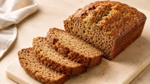 Moist zucchini banana bread loaf with sliced tender crumb and fine green zucchini flecks