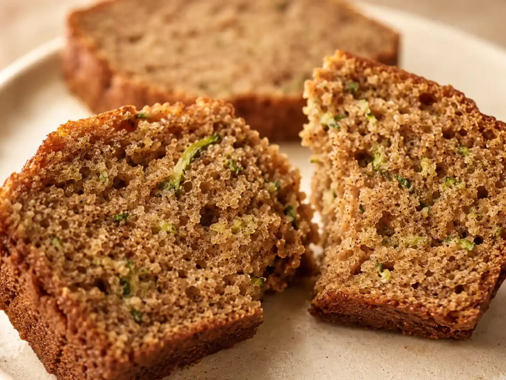 Extreme close-up of fully baked zucchini bread with a tender crumb and fine green zucchini flecks