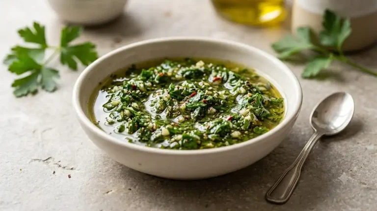 Coarse parsley chimichurri sauce with garlic, oregano, olive oil, and red pepper flakes in a ceramic bowl