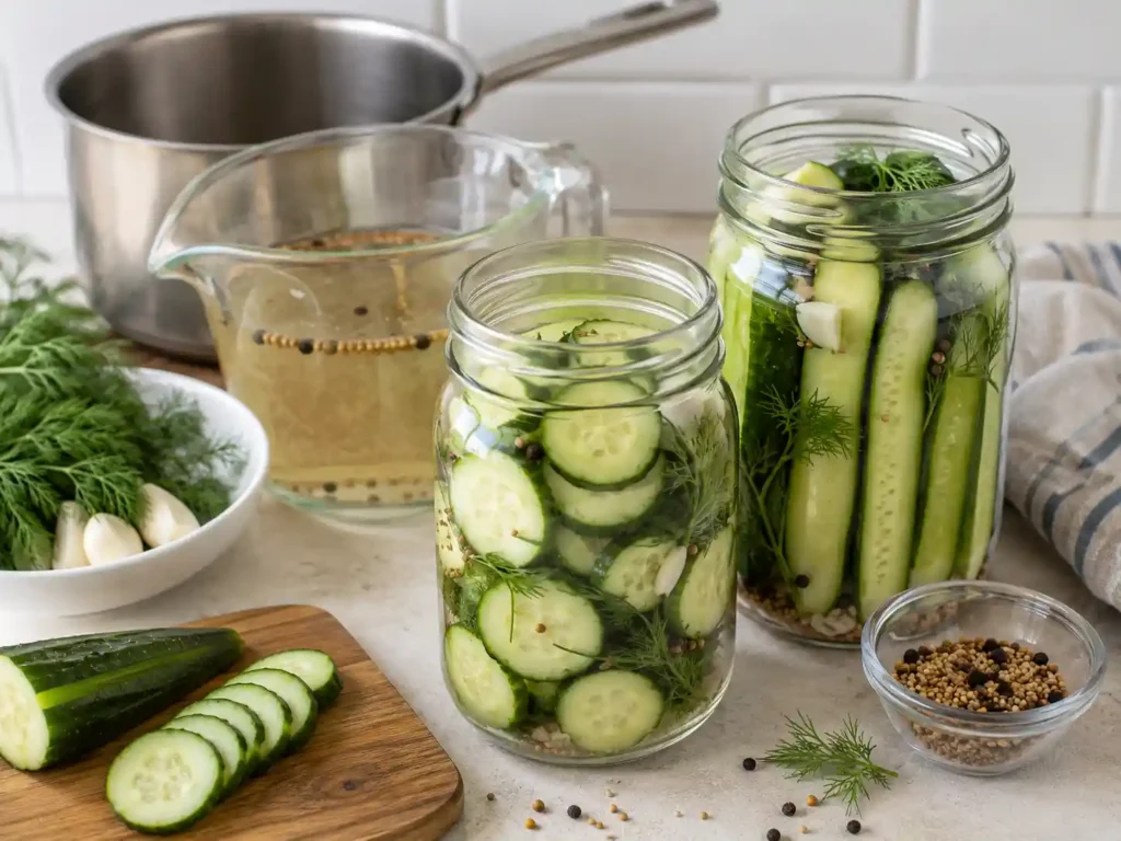Clean jars packed with sliced cucumbers, fresh dill, garlic, and spices before adding vinegar brine.