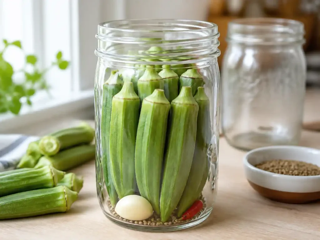 Whole fresh okra pods packed upright in a clean pint jar with garlic, dill seed, and a small hot pepper before brine is added