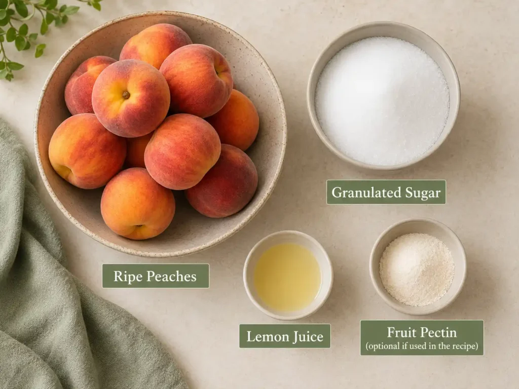 Peaches, sugar, lemon juice, and pectin arranged for homemade peach jam.