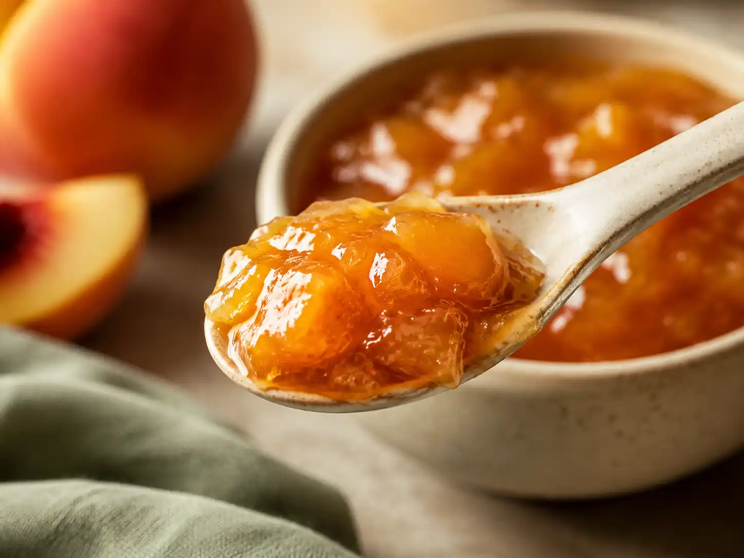 Spoonful of thick peach jam showing soft fruit pieces and a glossy spreadable texture.