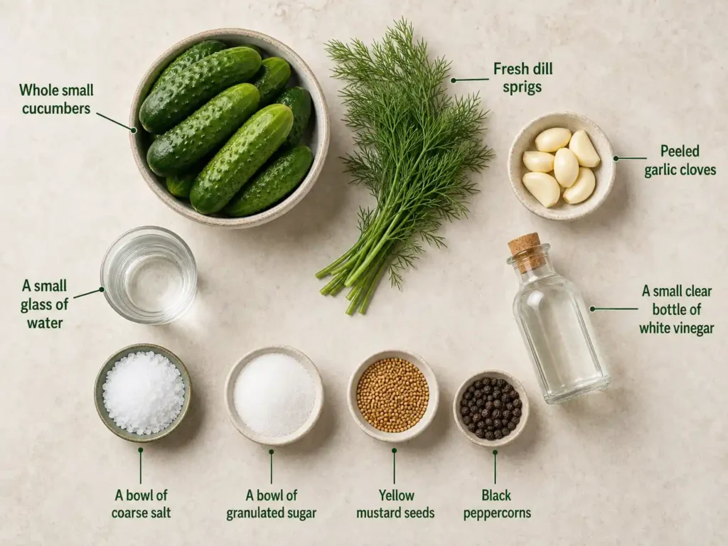 Labeled pickle ingredients including cucumbers, fresh dill, garlic, white vinegar, water, salt, sugar, mustard seeds, and black peppercorns