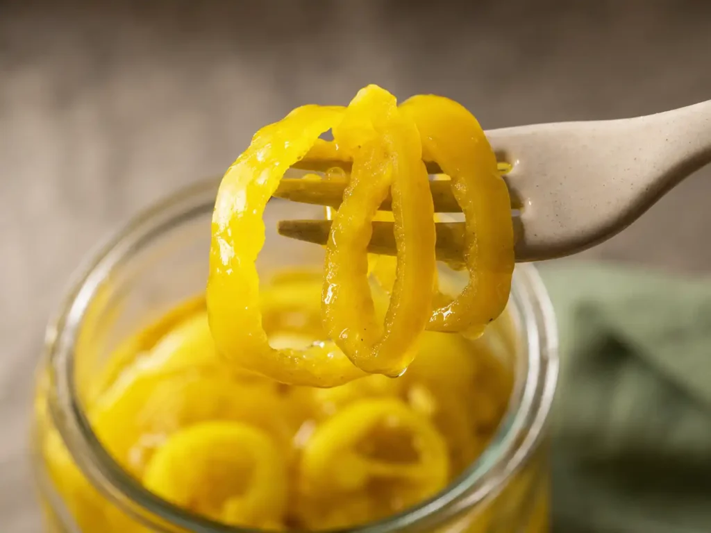 Close-up of glossy pickled banana pepper rings lifted above an open jar