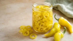 Open jar of homemade pickled banana pepper rings with fresh yellow banana peppers