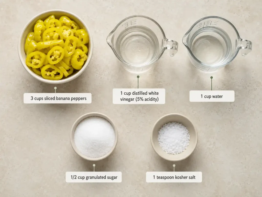 Labeled ingredients for pickled banana peppers including sliced peppers, vinegar, water, sugar, and kosher salt