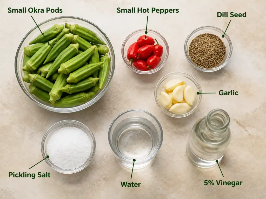 Labeled ingredients for pickled dilled okra including okra pods, hot peppers, dill seed, garlic, pickling salt, water, and 5 percent vinegar
