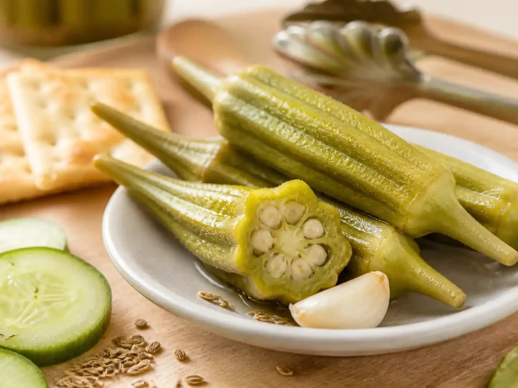 Sharp close-up of glossy whole pickled okra with garlic and dill seeds served on a summer snack board
