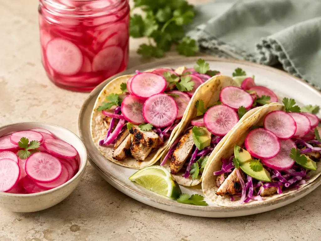 Quick pickled radishes served on vegetable tacos and beside a small bowl of extra slices