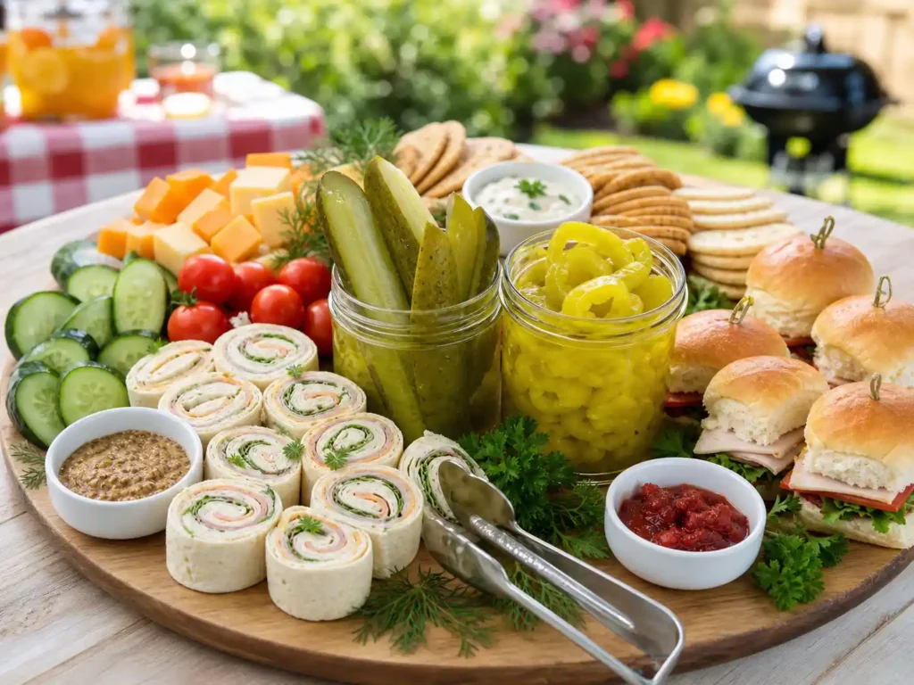  Homemade pickles served with turkey pinwheels, mini sandwiches, vegetables, and small bowls of condiments on a party platter