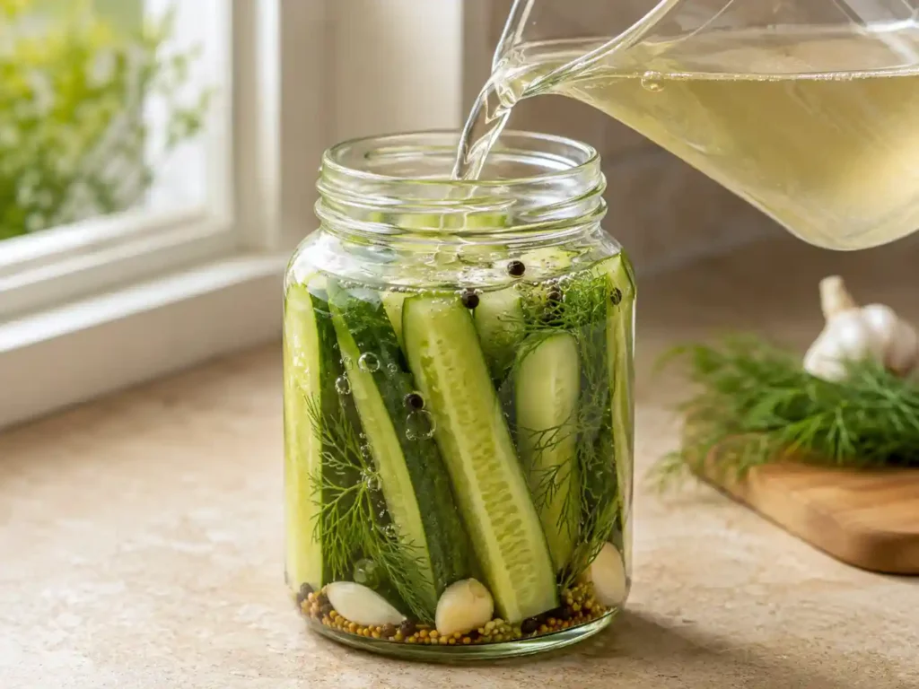 Cooled vinegar brine being poured into a jar of cucumber spears, fresh dill, garlic, and pickling spices.