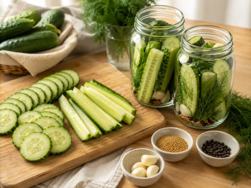 Fresh cucumber chips and spears being packed into clean jars with dill, garlic, mustard seeds, and peppercorns.