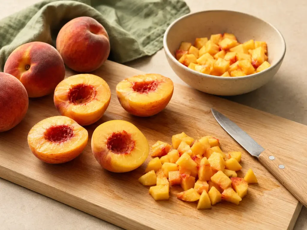 Fresh peaches being halved, pitted, and cut into small pieces for peach jam.