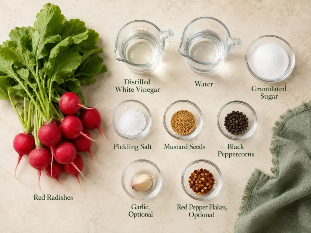 Labeled ingredients for quick pickled radishes including red radishes, white vinegar, water, sugar, pickling salt, mustard seeds, and peppercorns