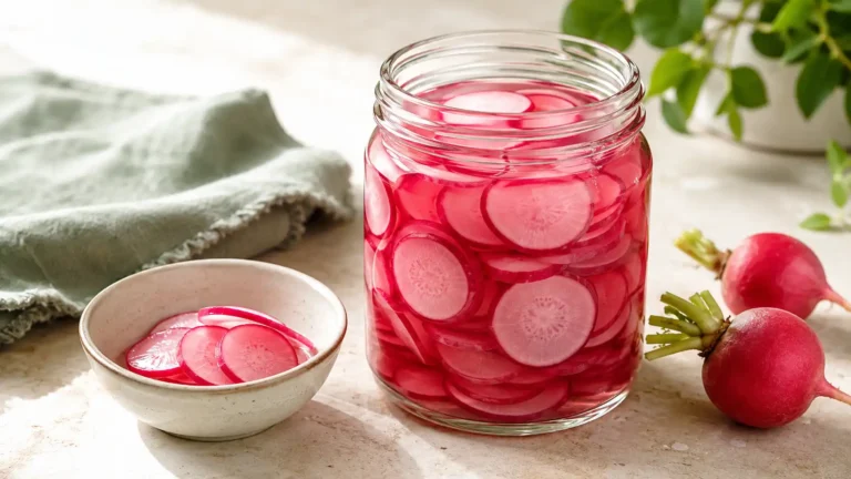 Quick pickled radishes in a glass jar with bright pink brine and crisp thin slices