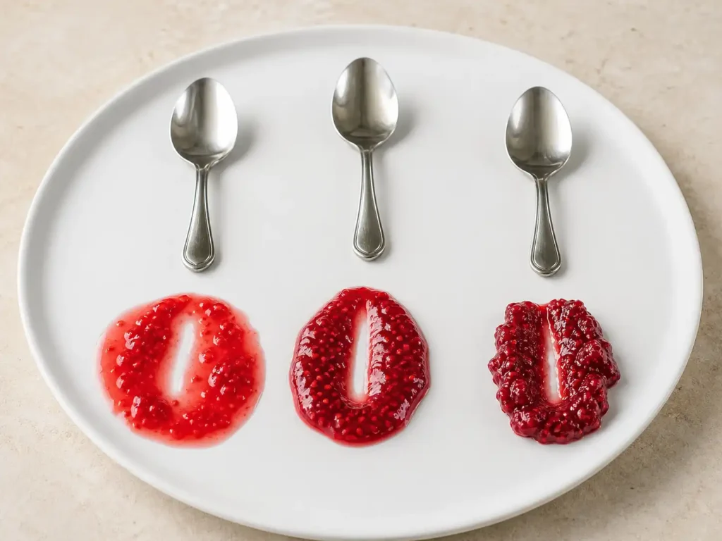 Cold plate test comparing runny, properly set, and overcooked raspberry jam