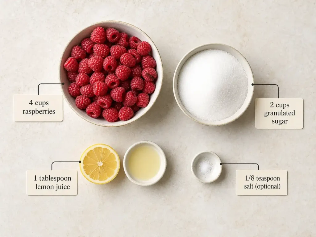 Labeled raspberry jam ingredients including raspberries, sugar, lemon juice, and optional salt