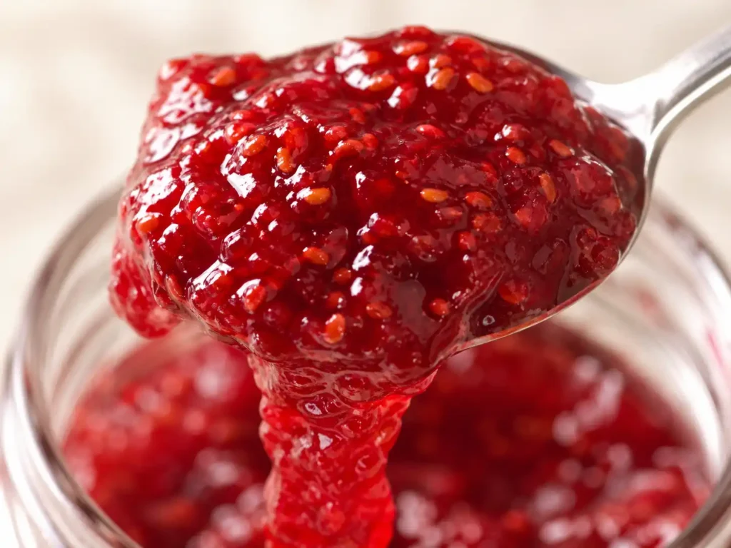 Sharp close-up of thick glossy raspberry jam with visible fruit pieces and seeds