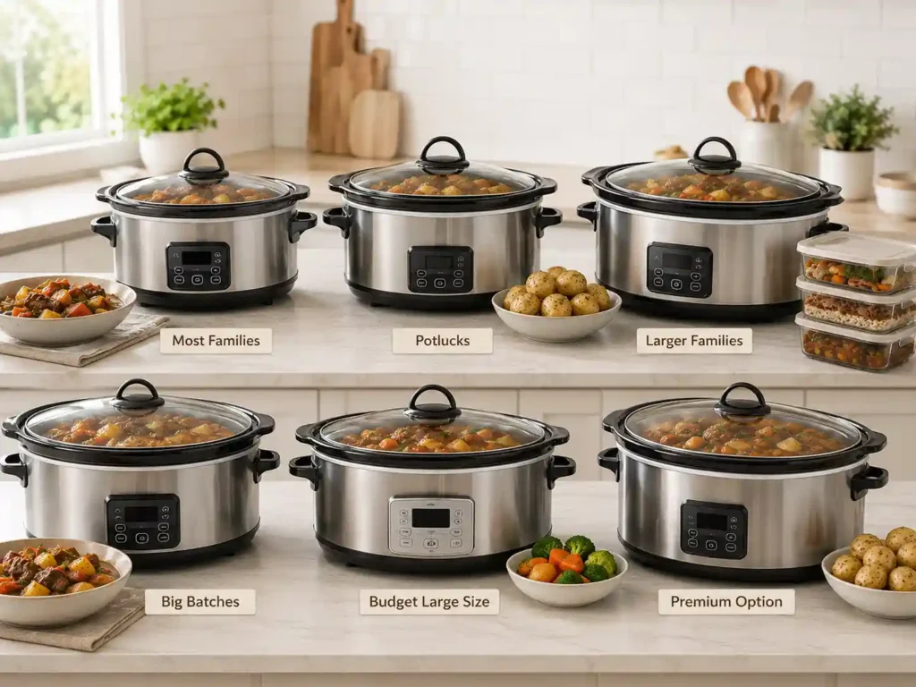 Comparison of family-size slow cookers for everyday dinners, potlucks, large families, and premium cooking