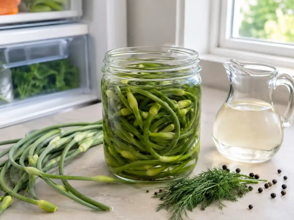 Open refrigerator jar filled with curled garlic scapes in vinegar brine.
