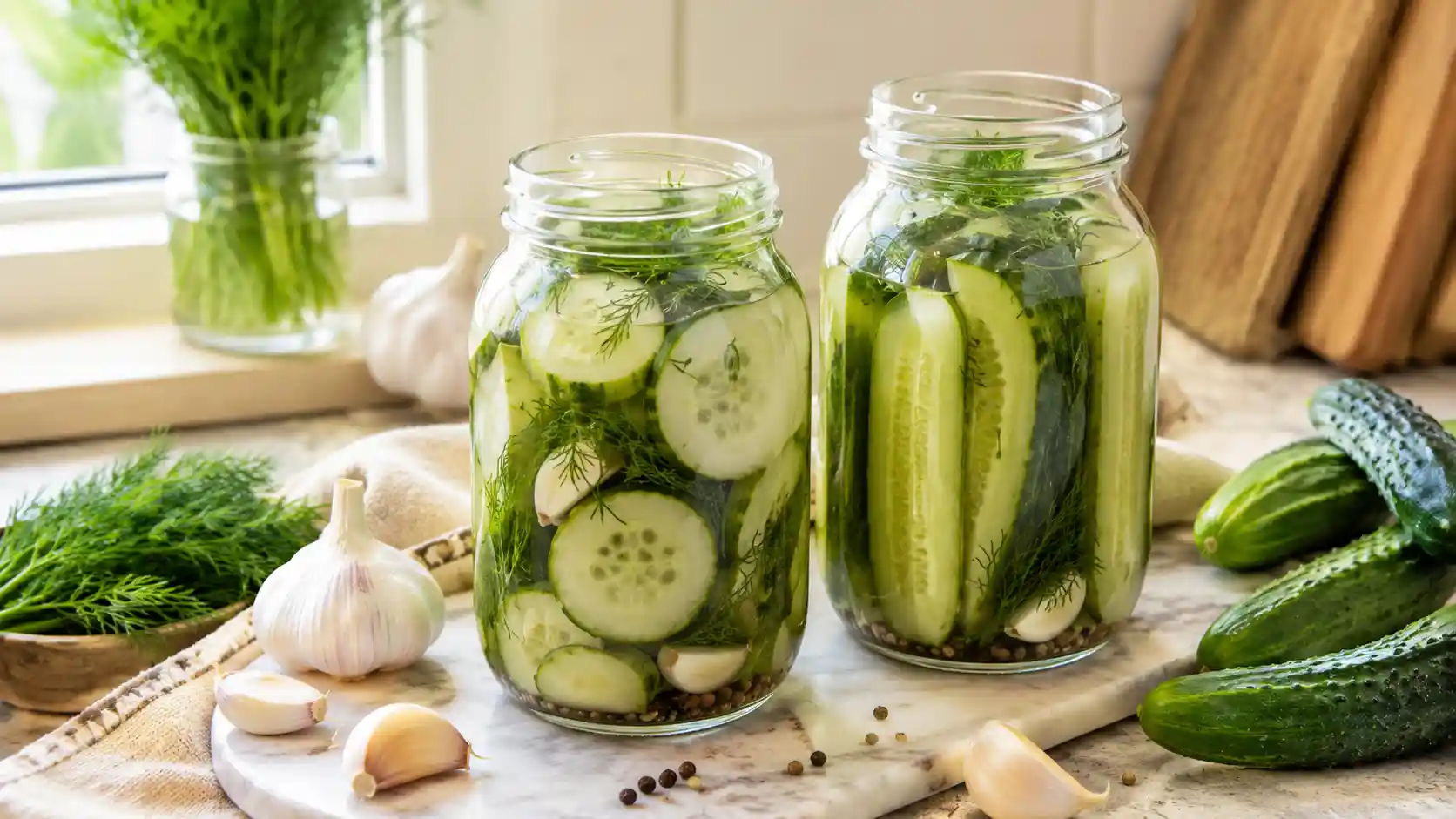 Crisp refrigerator pickles in glass jars with dill, garlic, and cucumber slices on a bright kitchen counter.
