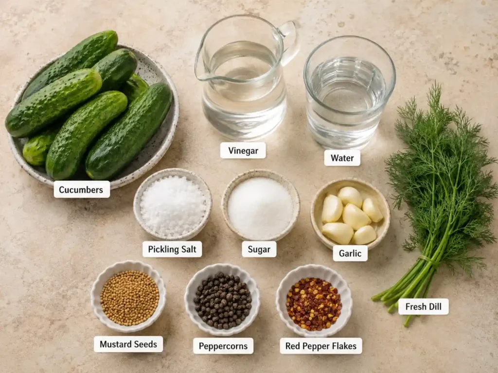 Labeled ingredients for refrigerator pickles including cucumbers, vinegar, water, pickling salt, sugar, dill, garlic, mustard seeds, peppercorns, and red pepper flakes.