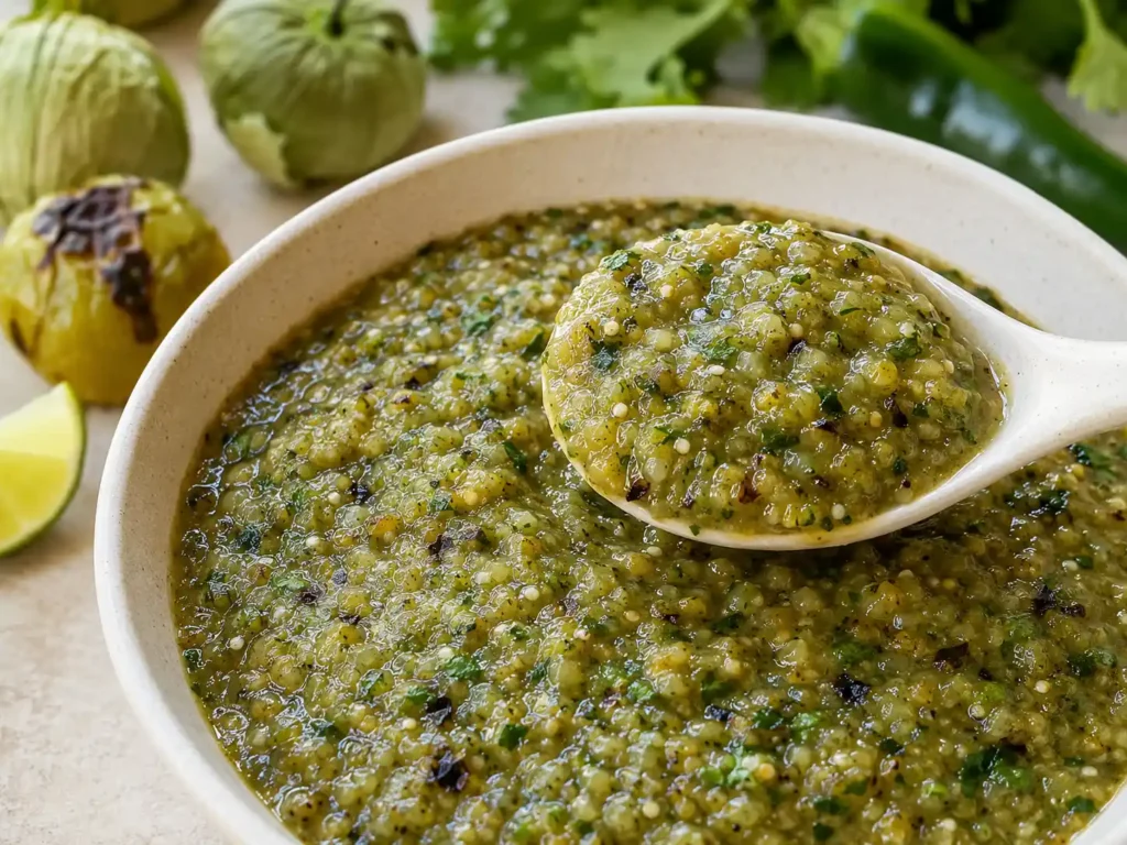 Close-up of roasted tomatillo salsa verde with visible seeds and charred flecks