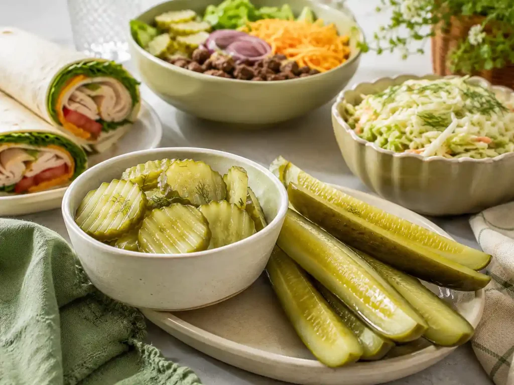 Homemade dill pickle chips and spears served with wraps, a burger-style bowl, and a fresh summer side dish.