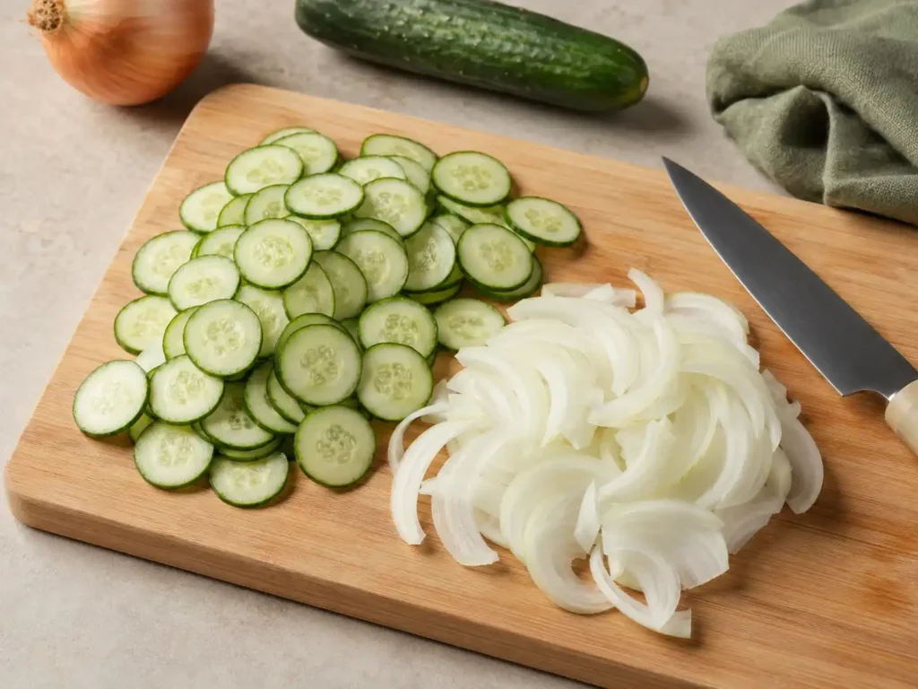 Thinly sliced cucumbers and onions prepared for a vinegar marinade.