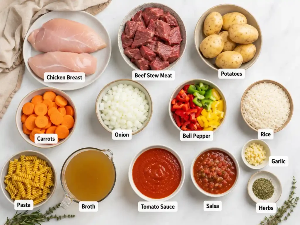 Labeled ingredients for slow cooker dinners including chicken breast, beef stew meat, potatoes, carrots, onion, bell pepper, rice, pasta, broth, tomato sauce, salsa, garlic, and herbs.