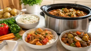 Slow cooker dinner spread with chicken, beef, potatoes, rice, vegetables, and cozy serving bowls for easy family meals.